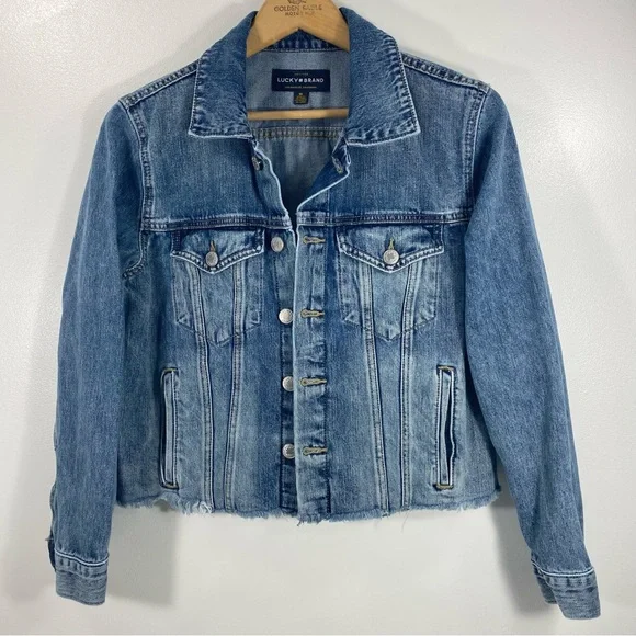 Lucky Brand The Tomboy Trucker Distressed Raw Hem Cropped Denim Jean Jacket M - Picture 2 of 12